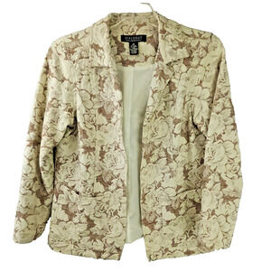 Dialogue Linen Cotton Floral Open Front Blazer Women's 10 Cream Retro Casual